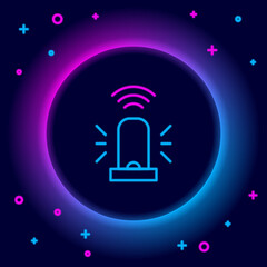 Poster - Glowing neon line Smart flasher siren system icon isolated on black background. Emergency flashing siren. Internet of things concept with wireless connection. Colorful outline concept. Vector