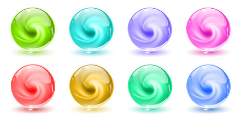 3D crystal, glass spheres icons buttons, with marble abstract spiral shape inside, vector illustration.