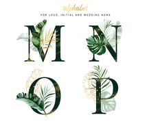 Watercolor Alphabet Set Of M, N, O, P With Green Gold Tropical Leaves . For Logo, Cards, Branding, Etc
