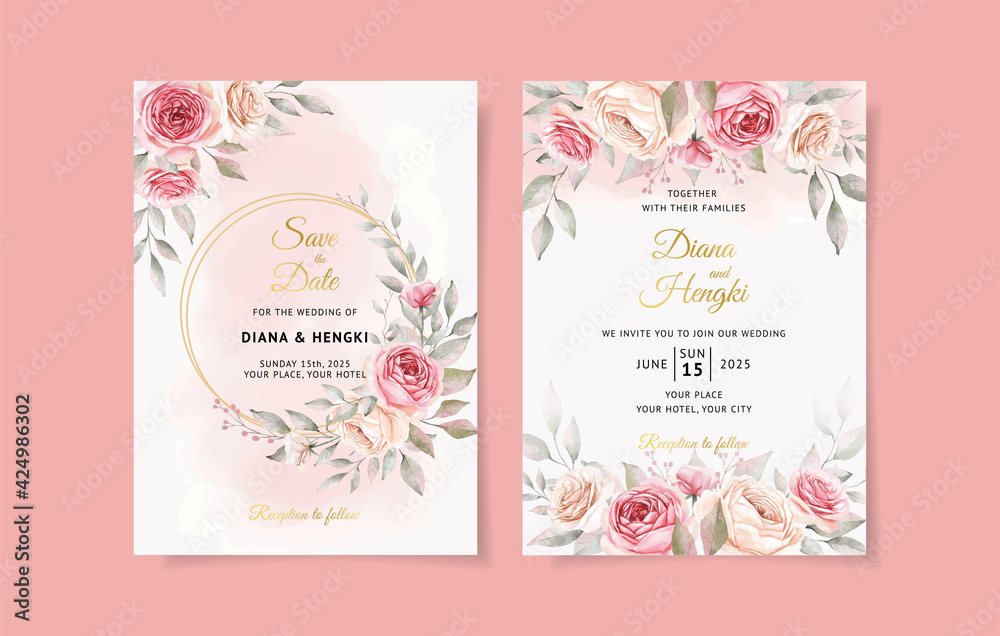 Soft pink watercolor wedding invitation card with beautiful floral ...