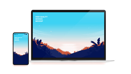 Poster - Vector mockup with laptop and smartphone - Computer and phone with editable screens. Illustration.