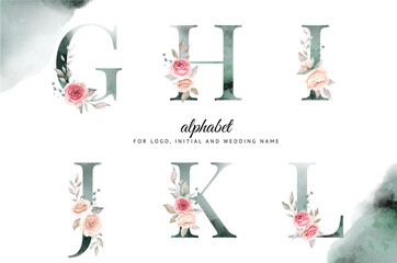 Watercolor alphabet set of g, h, i, j, k, l with beautiful floral . for logo, cards, branding, etc