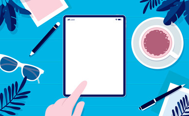 Travel research on tablet mockup - Hand using touch screen on device laying on blue background with coffee cup and sunglasses. Editable template, vector illustration.