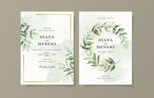 Green Gold Leaves Wedding Invitation Card Template