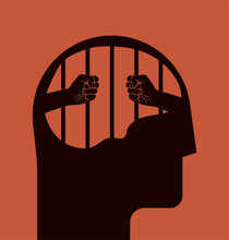 Closed Mind Or Brain Prison Or Obstructions In The Head Psychologic Concept With Human Black Head Silhouette And Hands Behind The Bars In The Brain Silhouette On Red Background. Vector Illustration