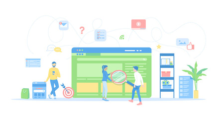 Wall Mural - Web search technology, Search engine, SEO, Data finding. People hold a magnifying glass,looking information on the search page. Window interface. Conceptual flat vector illustration for web and design