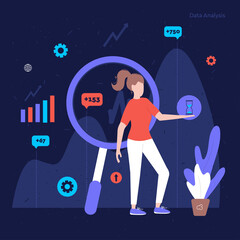 Wall Mural - data analysis illustration concept with icons and characters. the girl analyzes the data and makes g