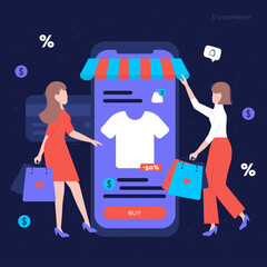 Wall Mural - e-commerce illustration concept with icons and characters. girls shopping in an online store using a