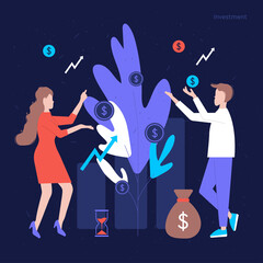 Wall Mural - investment illustration concept with icons and characters. people invest money and multiply their fu