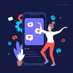 Wall Mural - social media illustration concept with icons and characters. the girl uses social networks and gets 