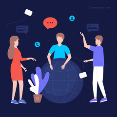 Wall Mural - communication illustration concept with icons and characters. three people discussing business ideas