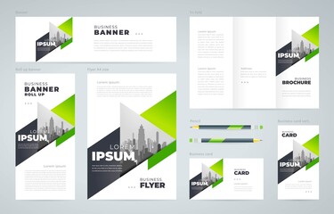 Wall Mural - Triangle theme Set flyer cover, tri-fold, banner, roll up banner, business card orange color