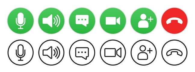 Collections of Video call icon , Video conference, set of buttons template for mobile phone online app, ui. online meeting workspace, internet talk, vector illustration