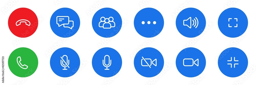 Video call icon set, Video conference buttons template for mobile phone online app, ui. online meeting workspace, internet talk, vector illustration