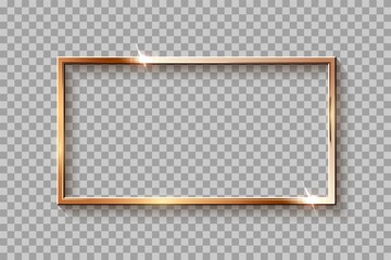 Poster - Golden rectangle frame for picture on transparent background. Blank space for picture, painting, card or photo. 3d realistic modern template vector illustration. Simple gold object mockup