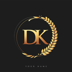 Initial logo letter DK with golden color with laurel and wreath, vector logo for business and company identity.