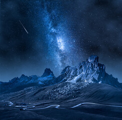 Wall Mural - milky way over passo giau, dolomites. mountain hiking at night.