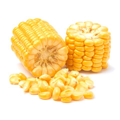 Wall Mural - Pieces of Fresh organic corn cob and seeds isolated on white background