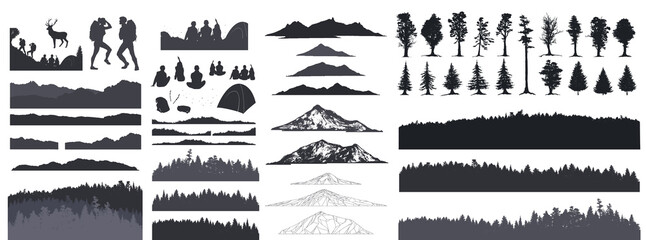 Forest silhouette, vector illustration. People camping, adventure and travel concept, beautiful forest, mountain and sky, exposure, vector illustration.	