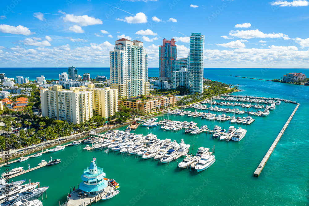 aerial drone view of Miami Beach marina in South Point - obrazy, fototapety, plakaty 