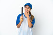 © luismolinero - Young caucasian woman playing baseball isolated on white background looking to the side and smiling