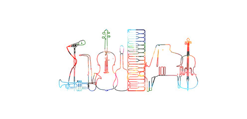 Wall Mural - Colorful musical promotional poster with musical instruments outlined and isolated vector illustration. Artistic abstract background for live concert events, music festivals and shows, party flyer