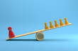 Red and Yellow Pawns Figures Imbalanced on Wooden Seesaw over Blue Background. 3D Rendering