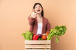 © luismolinero - Young farmer girl with freshly picked vegetables in a box with thumbs up because something good has happened