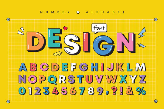 modern playful alphabet letter and number set. bright, vivid multicolor funky font or typography. ve
