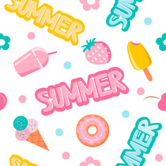 Wall Mural - vector seamless pattern with hand drawn ice cream,  flowers, coctail, cherries, strawberries and donuts. summer background. bright trend illustration in flat style