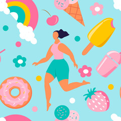 Wall Mural - vector seamless pattern with hand drawn ice cream, rainbow, flowers, cute girls, strawberries and donuts. summer background. bright trend illustration in flat style