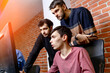 © Vadim - Strategy teamwork cooperation in digital group. Meeting people with brainshtorming company.