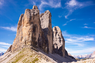 Tre cime di Lavaredo mountain peaks in Italy, a famous travel destination in Dolomite mountains