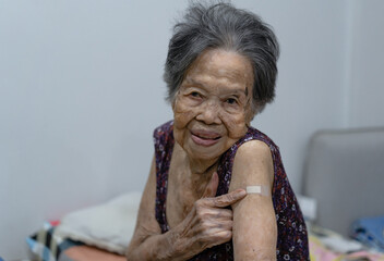 Portrait of Asian grandma showing arm with plaster bandage after vaccination and her doctor. Virus protection. COVID-2019.Caring with older people. Health care Concept.