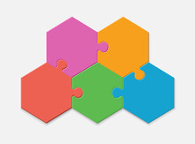 Five Pieces Of A Hexagon Puzzle. Hexagonal Mosaic Infographics.