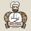 Pizza logo. Hand-drawn hipster chef with italian pizzas with ribbon. Man cook with arms crossed in an apron. Vector line logo for cafe, delivery. Sticker, logo, Emblem