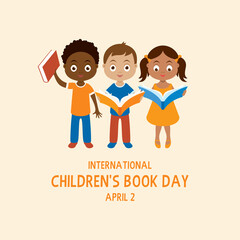 Wall Mural - International Children's Book Day vector. Group of kids with book vector. Diverse group of children reading a book vector. Children's Book Day Poster, April 2. Important day