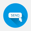 Button send with cursor icon icon on blue background. Flat image with long shadow.