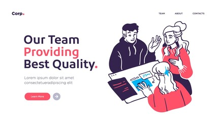 Teamwork Presentation slide template or landing page website design. Business concept illustrations. Modern