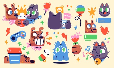 Wall Mural - Illustration of a funny cat & dog in diferent situations. Set of stickers, badges, patches. Vector