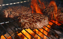 Beef Burger For Hamburger On Barbecue Flame Grill