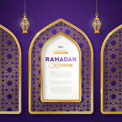 Canvas Print - Ramadan Kareem concept poster, gold 3d frame arab window and hanging lanterns lamp on night sky background, beautiful arabesque pattern. Vector illustration. Place for text