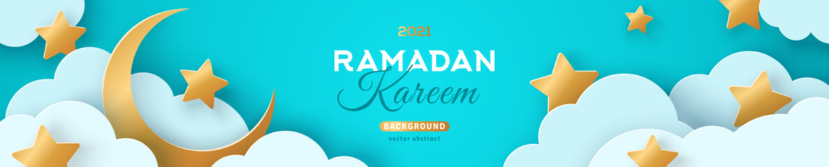 Canvas Print - Ramadan Kareem Horizontal Sale Header or Voucher Template with Gold Moon, 3d Paper cut Clouds and Stars on Blue Sky Background. Vector illustration. Traditional Lanterns and Place for Text.