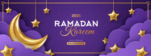 Ramadan Kareem Concept Banner Or Voucher Template With 3d Gold Moon, Paper Cut Clouds And Stars On Night Sky Violet Background. Vector Illustration For Greeting Card, Poster And Flyer. Place For Text