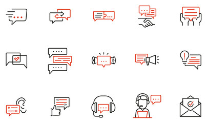 Vector Set of Linear Icons Related to Communication, Message, Consultation Service, Group Chat and Conversation. Mono line pictograms and infographics design elements