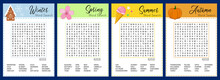Collection Of Seasons Word Search Puzzle. Winter, Spring, Summer, Autumn Crossword. Worksheet For Learning English.  Educational Game Suitable For Social Media. 