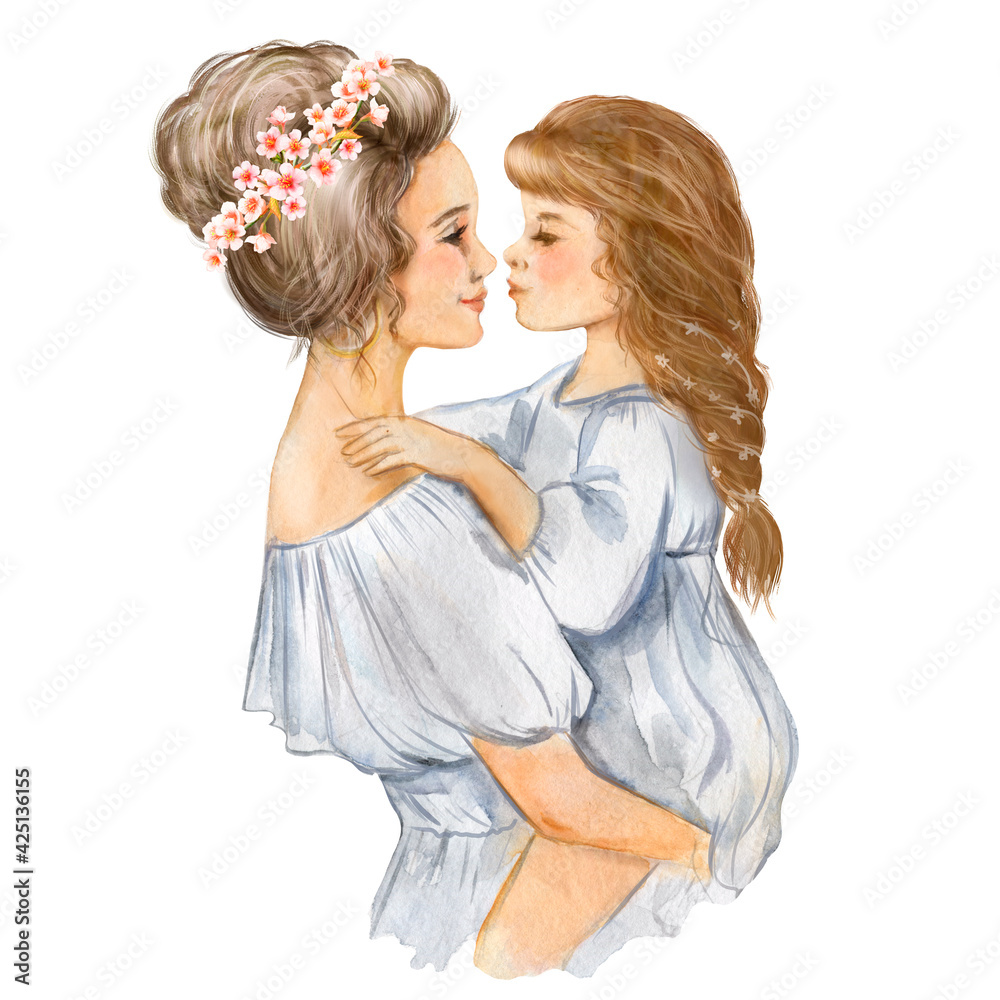  Watercolor drawing of a young woman with a little girl in her arms. Mom ...