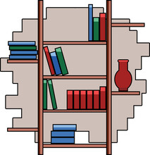 Wooden shelves with blue books, red books, green books and red vase and bricks behind it in loft style