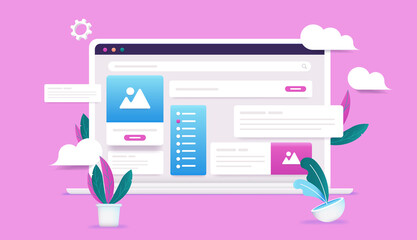 Aufkleber - 3d vector illustration of laptop computer with web design and UI elements. Website development and design concept. 