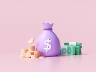 3D Money concept. money bag, coins stack and banknotes. 3d render illustration